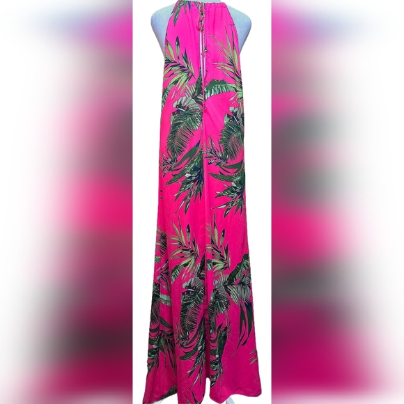 Caramela Tropical Palm Maxi Dress. Hot Pink Green Leaf Print, Flowy Resort wear - Picture 3 of 9